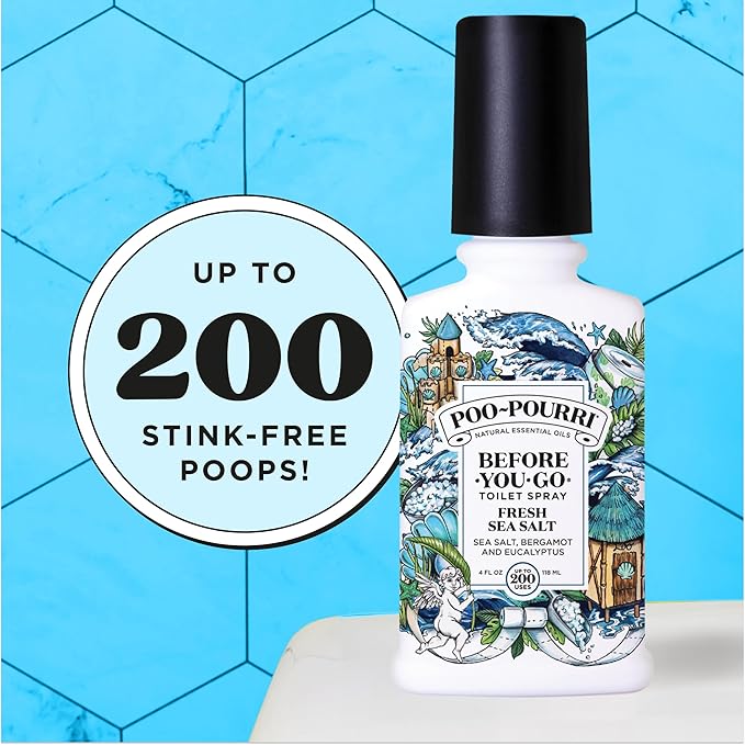 Poo-Pourri Before-You-Go Toilet Spray, Fresh Sea Salt, 4 Fl Oz, Up to 200 Uses, Bathroom Odor Deodorizer, Plant-Based with Essential Oils, for Home or Work, Sea Salt, Bergamot & Eucalyptus Scent