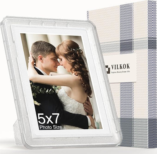 1-Pack 5x7 Picture Frame or 4x6 with Mat – Shatterproof Plastic Picture Frames for Family, Nursery & Playroom, Wall & Tabletop Frame for Home or Office, Safe Lightweight Design, Crystal Silver