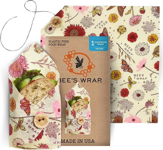 Bee's Wrap Vegan Beeswax Wraps for Food - Vegan Meadow Magic Sandwich Wrap - Made in USA Reusable Bread Bags - Organic & Eco-Friendly Alternative to Aluminum Foil, Sandwich Bags & Plastic Wrap