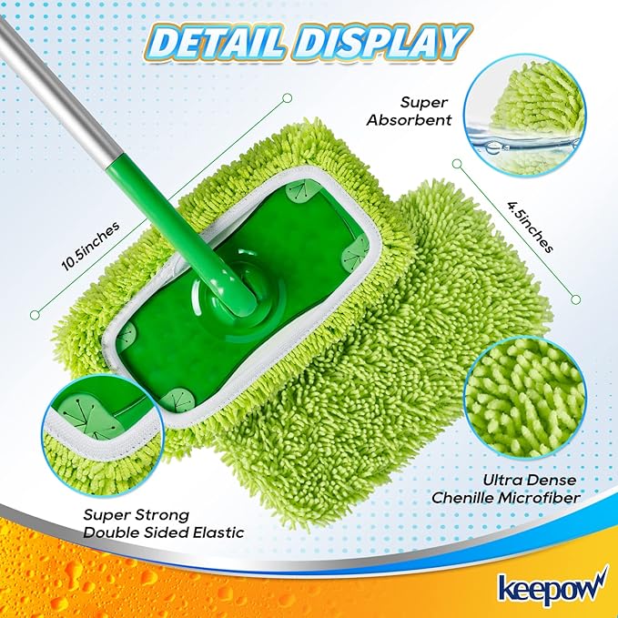 KEEPOW Dry Sweeping/Wet Mopping Cloths for Swiffer Sweeper, Reusable & Washable Microfiber Mop Pads Refills for Hard-Surface/Hardwood Floor Cleaning, 6 Pack (Mop is Not Included)