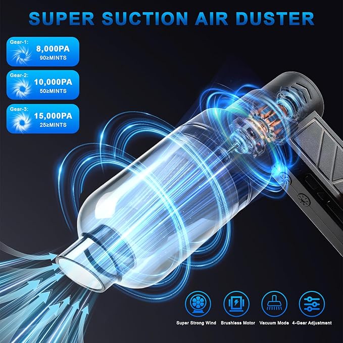 NUHFUFA 4-in-1 Compressed Air Duster with Light, Handheld Car Vacuum/Air Blower/Pump/Inflate 130000RPM Adjustable Electric Vacuum Cleaner for Computer Keyboard Car Home(Black)