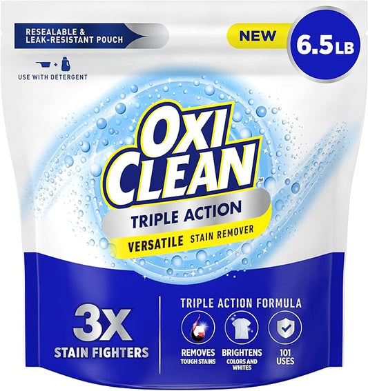 OxiClean Triple Action Versatile Stain Remover Powder, Use with Detergent, Removes Tough Stains like Grease, Blood and Grass, Brightens Colors and Whites, Chlorine Free, 6.5 lbs