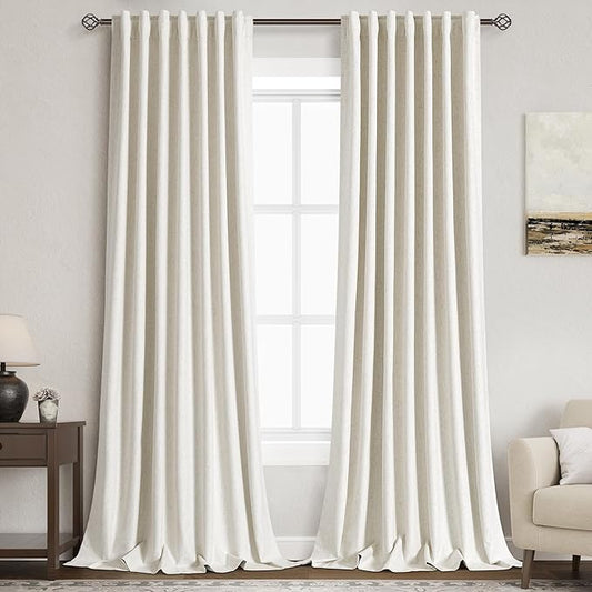 Full Black Out Beige White Window Curtains 108 Inches Back Tab Thermal Insulated Noise Reducing Full Light Black Out 2 Panels Set for Living Room Elegant Modern Curtains Drapes 52x108