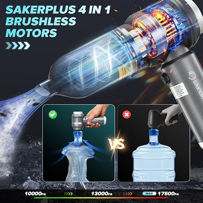 SakerPlus 4 in 1 Handheld Car Vacuum Cleaner, 17500PA High Power Rechargeable Portable Vacuum with LED Light, Multi Nozzles for Car, Home & Office–Ideal for Family(Light Grey)