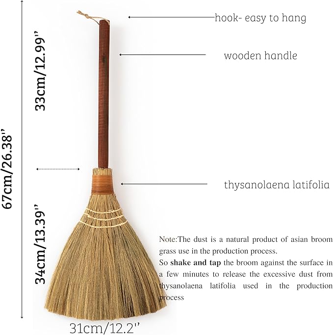TTS For Home Natural Whisk Sweeping Hand Handle Broom - Vietnam Handmade Straw Soft Broom Design for Home, Kitchen, Grage, Bedroom 12.2" Width, 26.38" Length