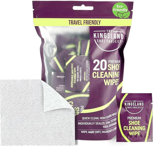The Kingsland Shoe Project Premium Shoe Cleaning Wipes- Pack of 20 Individually Wrapped Eco-Friendly Shoe Wipes- Removes Dirt & Stains, Ideal For Leather, Rubber & Mesh- Travel Friendly