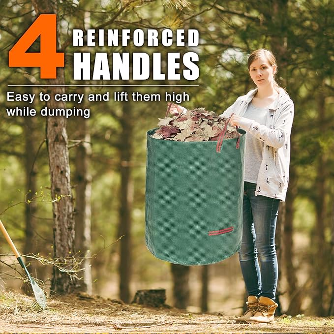Joyhalo Reusable Yard Waste Bags, 72 Gallon Lawn And Leaf Bags 3 Pack, Heavy Duty Garden Bags With Gardening Gloves, Standable Garden Waste Bag With 4 Handles, Camping Yard Recycling Bag For Leaves