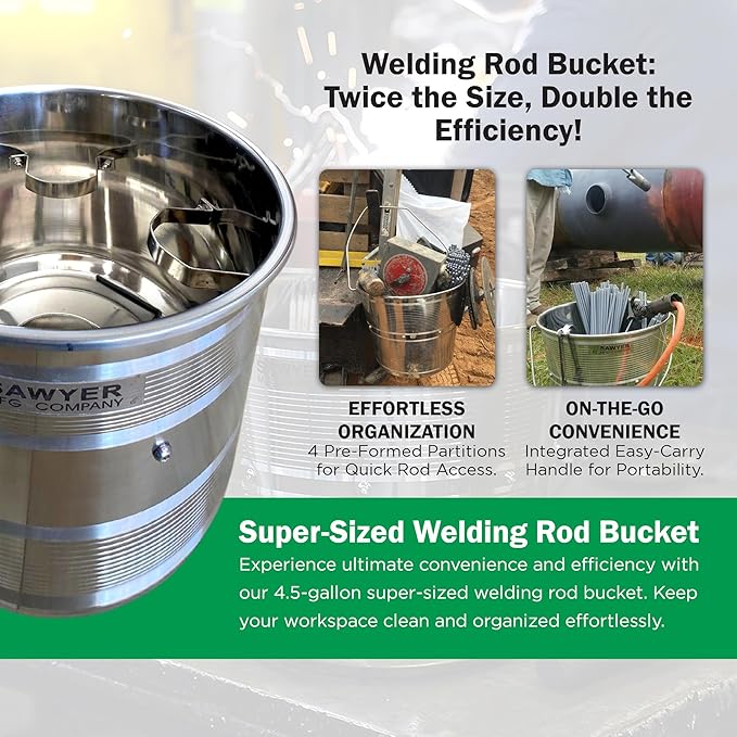 Sawyer’s Stainless Steel Welding Rod Bucket - 4.5 Gal Metal Pail with Partitioned Storage for Electrodes & Stubs, Holds 500+ lbs, Portable Handle, Durable Design for Tools & Storage