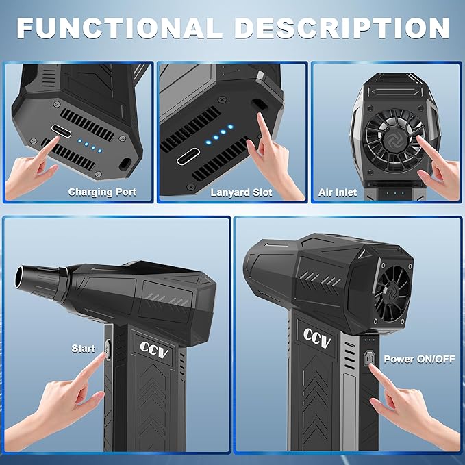 CCV Compressed Air Duster - 180000RPM Electric Air Duster for Cleaning Keyboard&PC 3 Gears Adjustable Rechargeable Cordless Jet Dry Blower Air Blower for Car and Home (Black)