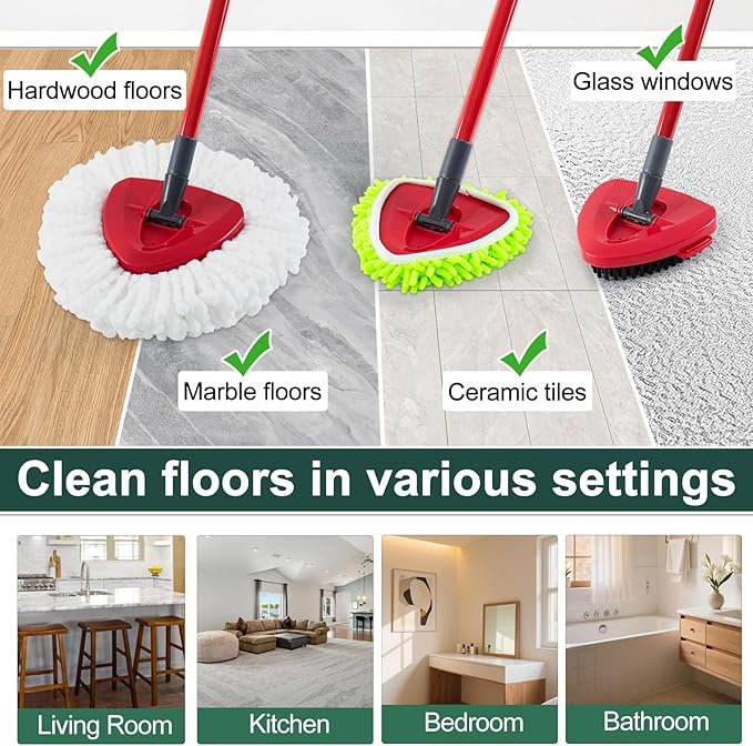Mop Head Replacement for O Cedar, Spin Mop Replacement Head for Ocedar Easywring 1 Tank System, Mop Heads Includeds 4 Mop Replacement Heads , 1 Spin Scrub Brush & 1 Base