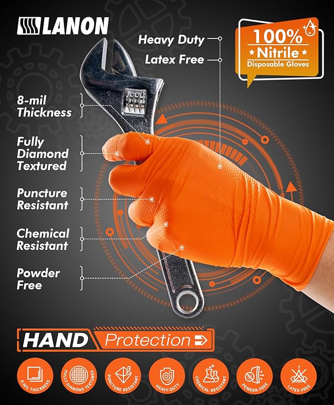 LANON 8mil Orange Disposable Nitrile Gloves, Mechanic, Heavy Duty, Food Safe, Latex Free, Powder Free, Fully-Diamond Textured, XXL