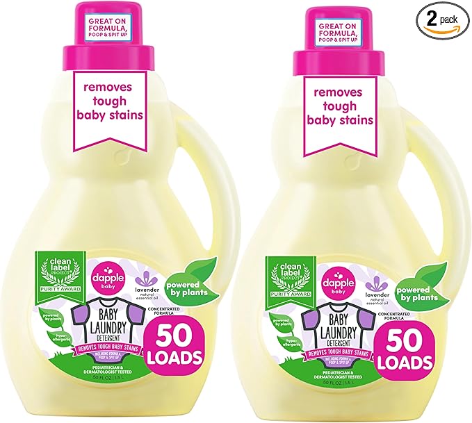 Dapple Baby Laundry Detergent, Powered by Plants, Concentrated, Hypoallergenic, Lavender, Stain Remover, 50 Fl Oz (2 Pack)