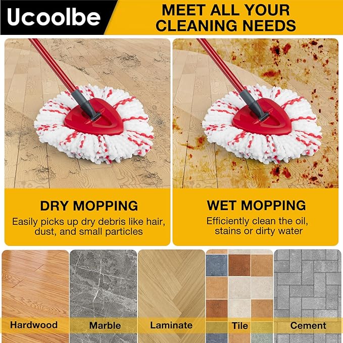 Ucoolbe Upgraded mop Refill for O Cedar, 3 Pack Spin mop Heads Replacements Compatible with O Cedar EasyWring Spin Mop Bucket System, 40% More Cleaning Power, Microfiber and Machine Washable