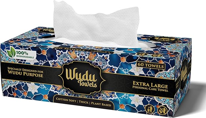 Wudu Towel After Ablution – 60 Count (Pack of 1) – Biodegradable Cloth-Based Dry Towels – Islamic Prayer Accessory for Home, Mosques, Travel – Pairs with Prayer Beads, Mats & Qibla Compass