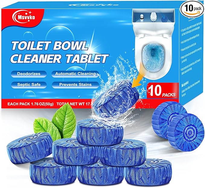 Msvvko Toilet Bowl Cleaners, Automatic Toilet Bowl Cleaner Tablets Blue Gel Powerful Clean, Septic Safe Toilet Tank Cleaner, Bathroom Deodorizer & Prevent Stain, Fresh Scent-10 PACKS