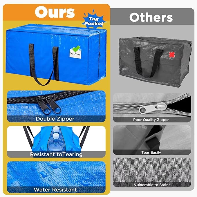 BETU Extra Large Moving Bags Heavy Duty Storage Bags with Zipper Handles, 4 Pack Clothes Storage Totes Bins Packing Moving Boxes, Moving Supplies for College Dorm Essentials, Space Saving, Blue