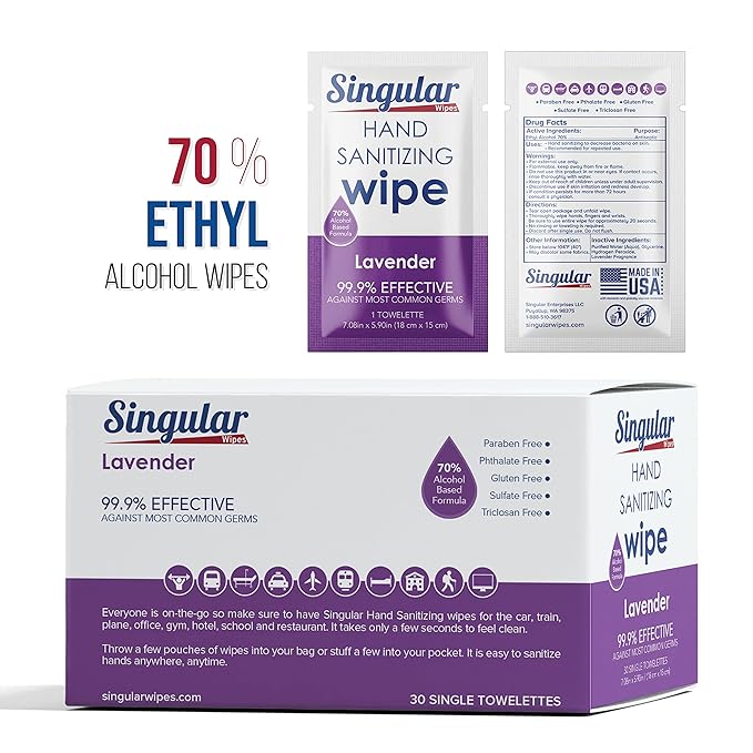 Hand Sanitizing Wipes Travel Size by Singular Wipes – 30ct Individually Wrapped | Lavender Scent, Moisturizing, 70% Alcohol Wipes | Travel, Office, School, Home | Made in USA