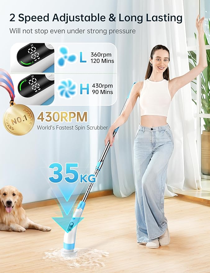 Electric Spin Scrubber with LED Display, IPX7 Waterproof Powerful Shower Scrubber, 2H Runtime, 2 Speeds, Adjustable Handle, 8 Brush Heads for Bathtub Tile Car-Blue and White