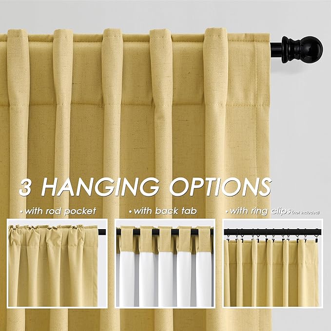 Nanspring Gold Linen Blackout Curtains 90 Inches Long Back Tab Pocket Noise Cancelling Sound Proof Total Sun Blocking 2 Panels Set for Sliding Door Modern Farmhouse Curtains Drapes 52x90