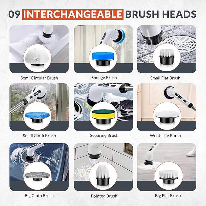 Electric Spin Scrubber-13in1 Cordless Electric Cleaning Brush-9 Replaceable Brush Heads-2 Speeds Shower Scrubber-3 Adjustable Size Handle-IPX7 Waterproof Bathroom Cleaner,Crevice Brush,Tile,Walls,Tub