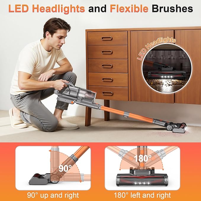 Cordless Vacuum Cleaners for Home, 600W 50KPA 55Mins Self-Standing Stick Vacuum with LED Display, Anti-Tangle, Wall Mount, Lightweight, Rechargeable Wireless Vacumm for Pet Hair, Carpet and Floor