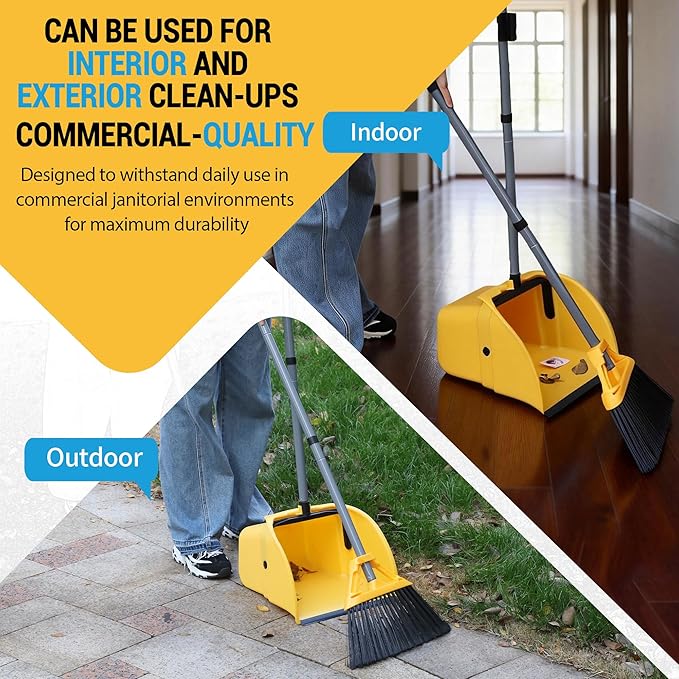 Commercial Broom and Dustpan Set, Jumbo Lobby Debris Dustpan (14inch*14inch), Heavy Duty Broom (14inch Width),for Indoor and Outdoor Cleaning,2 Sets, Yellow