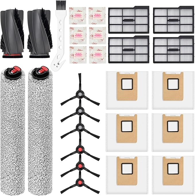 26 Count Replacement Kit for Eufy E25 / E28: 1 Pair Main Brushes, 2 Roller Mops, 4 HEPA Filters(Right), 6 Side Brushes, 6 Dust Bags, 6 Scented Tablets (for Dust Bag Odor Control) + Cleaning Brush