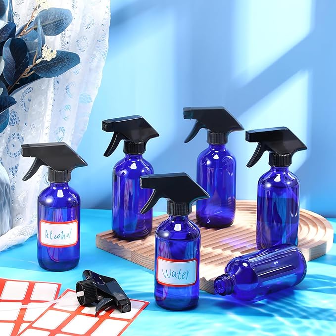 Norme 24 Pcs Glass Spray Bottles with Funnels and Labels 8 oz Refillable Cosmetic Empty Spray Containers with Trigger Squirt Containers for Essential Oil Cleaning Solutions(Blue)