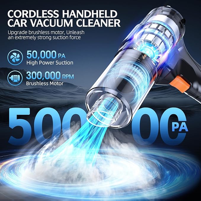 ZARIMI Cordless Handheld Car Vacuum Cleaner, 50,000Pa High-Power Brushless Motor, Rechargeable Dust Buster with 2 Batteries & Charger, 6-in-1 Portable Vacuum Cleaners for Home, Pet Hair, Bright Black