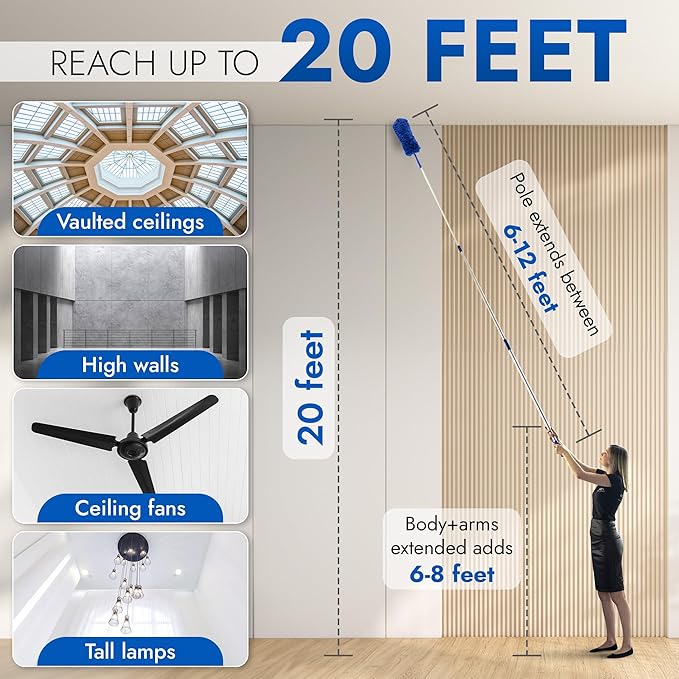 Feather Microfiber Plus Nylon Static Cobweb Duster | Reach Up To 20 Feet | Extendable 3 Tier Ceiling Fan Webster Duster Kit | Aluminum Extension Pole With Threaded Tip | U.S. Duster Co