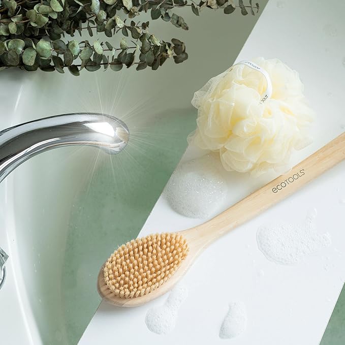 EcoTools Bristle Bath Brush, Shower Body Brush with Gentle, Stiff Bristles, Long Bamboo Handle, Gently Exfoliating for Back & Body, Stimulates Blood Circulation, Eco-Friendly, 1 Count (Pack of 2)