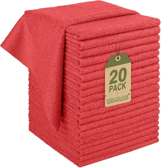 UNIMADE Microfiber Cleaning Cloth, 20 Pack Reusable Microfiber Towels for Cars Lint Free Cleaning Shop Towel Rags for Home Kitchen Automotive Bar Mechanic Restaurant Garage, 11.5"x 11.5", Red