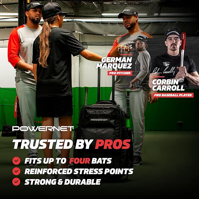 PowerNet Odyssey Softball & Baseball Bag, Rolling Backpack for Baseball Gear, Bat Bag with 4 Bat Sleeves, Cleat Compartment & Hanging Hooks