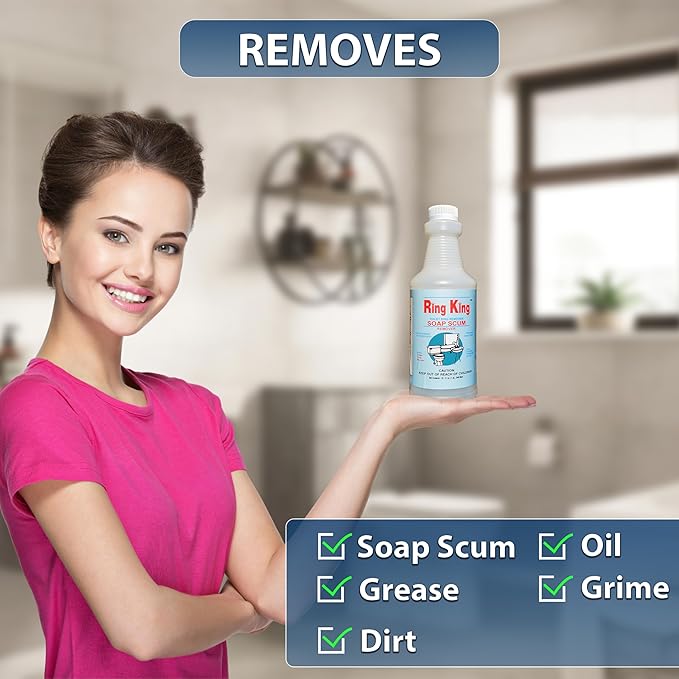 Amazon Brand - Ring King Toilet Soap Scum Remover For Shower | 32OZ Fast Acting Hard Water Stain Remover – Multi-Surface Bathtub Cleaner For Tile, Glass, Limescale & Sink – No Scrubbing