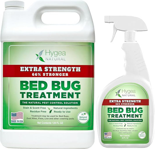 Hygea Natural Extra Strength Bed Bug & Lice Elimination Duo - Extra Strength 24 oz Lice, Bed Bug & Mite Spray & 128 oz Spray Refill - Child & Pet Friendly - Stain & Odor Free - 66% Stronger Formula