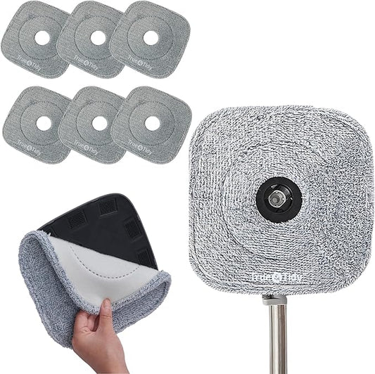 True & Tidy® 6-Pack 9 inch Extra Thick Microfiber Pad Refill for SPIN-800 TrueClean Mop & Bucket Square, Compatible with M16 and Most Square Spin Mop and Bucket, Machine Washable up to 100x