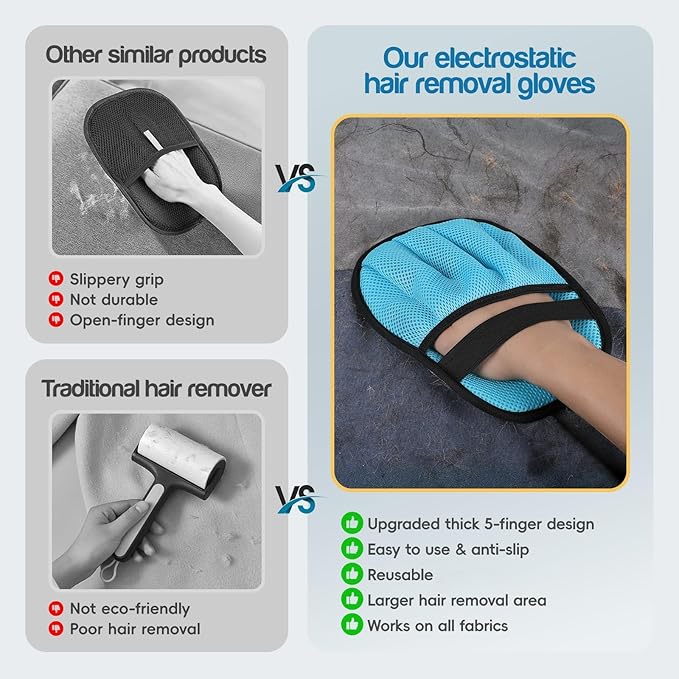 Upgraded Pet Hair Removal Glove for Dogs & Cats, Reusable 5-Finger Electrostatic Magic Brush, Pet Hair Remover Tool for Laundry,Couch,Bed, Carpet,Car Seat,1PCS