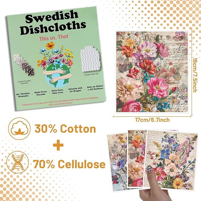 Vintage Flower Swedish Dishcloths for Kitchen - 6PCS Floral Swedish Cloths for Washing Dishes Reusable, Wildflower Washable Kitchen Towels, Reusable Sponge Cloths for Home Party Housewarming