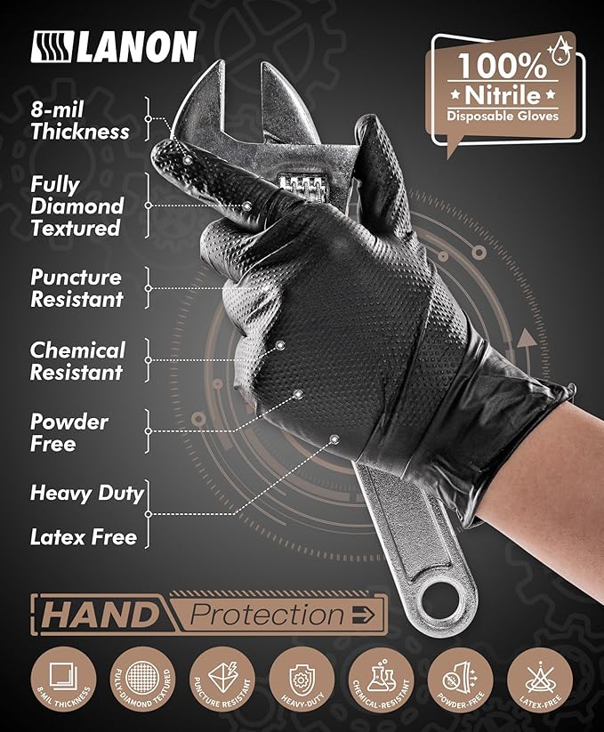 LANON Protection Heavy Duty Black Nitrile Gloves, Food Safe, Latex Free, Powder Free, Mechanic, Fully-Diamond Textured Grip Industrial Disposable Gloves, 8mil, Large