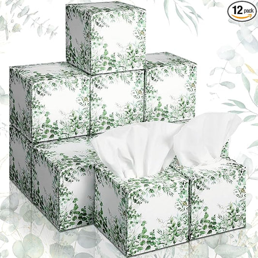 12 Pack Fall Eucalyptus Facial Tissues Cube Boxes 600 Sheets 3 Ply Small Square Green Eucalyptus Face Tissues Bulk for Autumn Spring Car Bedroom Supplies