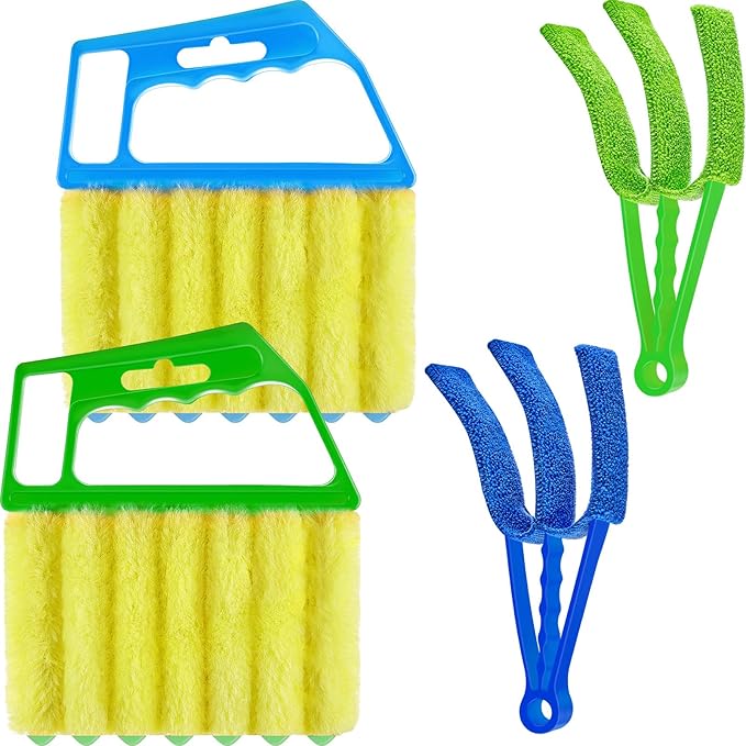 Romooa 4 Pcs Window Venetian Blind Cleaner Duster Tool 7 Finger Blind Rush and Shutter Cleaner Brush Hand-held Window Shutter Air Conditioner Duster for Dirt(Green, Blue)