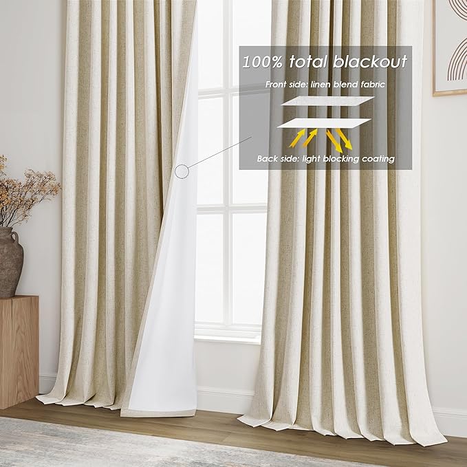 Tan Beige Linen Blackout Curtains 86 Inches Long for Bedroom Back Tab Burlap Flax Linen drapes Blackout Rustic Farmhouse Full Light Blocking Thermal Insulated Curtain 86 Inch Length 2 Panels