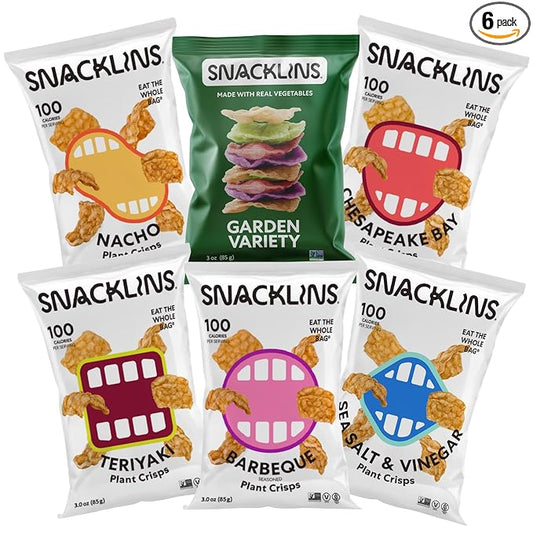 SNACKLINS Plant Based Crisps | Vegan Healthy Snacks | Gluten Free, Grain Free Sugar, Free, Low Calorie, 100% Kosher for Passover, Crunchy, Puffed Snack | 6 Flavor Sampler Pack (Full Size - 3oz, Flavor Sampler - 1 of each)