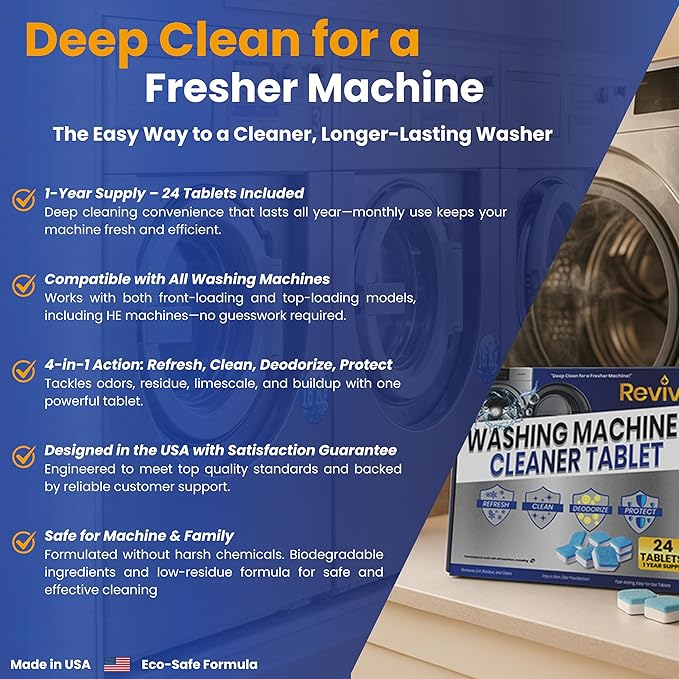 REVIV Washing Machine Cleaner Tablets – 24 Count, 12-Month Supply – Deep Cleaning & Odor-Removing Tablets for Front Load, Top Load & HE Washers – Biodegradable, Septic-Safe, Non-Toxic Descaler
