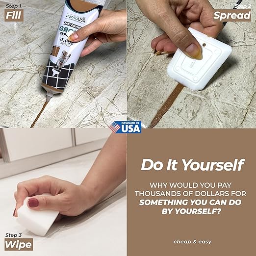 PentaUSA Tile Grout - Large Grout Filler Repairs Renews Tube, Fast Drying Grout Repair Kit, Odorless Formula - Grout Floater Included - 13.4oz / 380gr (Brown)
