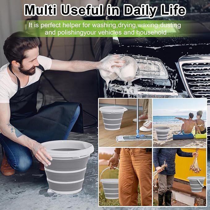 GOLDFOX Collapsible Bucket with Handle - 10L (2.6 Gallon) Portable Water Bucket for Car Wash Household Cleaning, Multiuse Folding Bucket for Outdoor Garden Camping Fishing Car Wash Space Saving- Grey