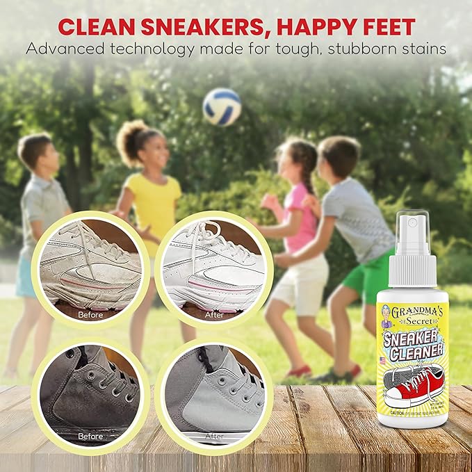 Grandma's Secret Sneaker Cleaner - for Rubber, Canvas, Leather, Stain Remover Spray Removes Dirt, Grime, Grass - Cleaner for Outdoor Shoes, Slippers, Moccasins - 16oz & 3oz Combo