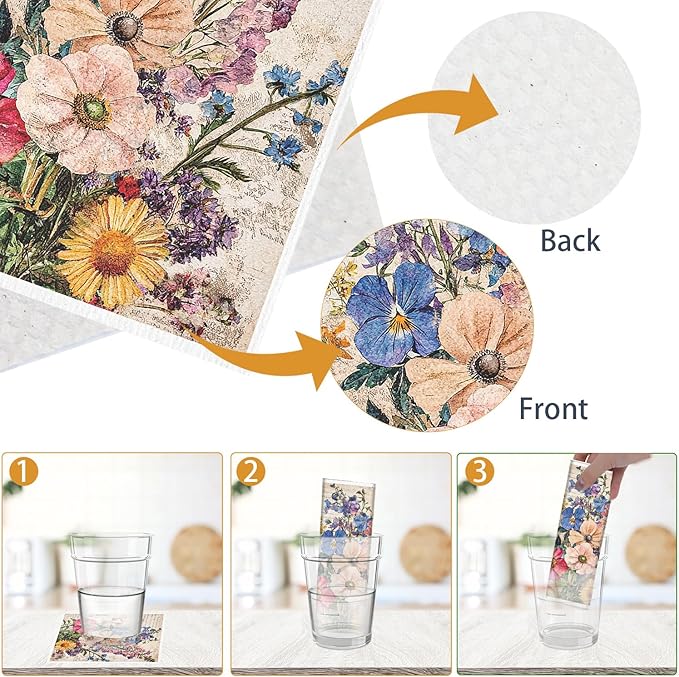 Vintage Flower Swedish Dishcloths for Kitchen - 6PCS Floral Swedish Cloths for Washing Dishes Reusable, Wildflower Washable Kitchen Towels, Reusable Sponge Cloths for Home Party Housewarming