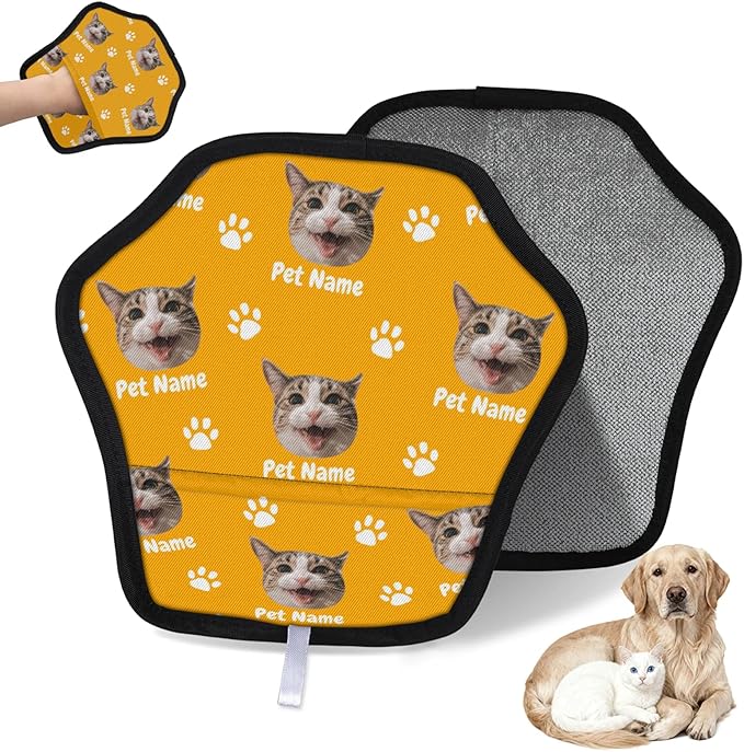 Personalized Pet Hair Remover Glove for Dogs & Cats - Custom Photo & Name Magic Brush for Dog Cat Hair Removal, Reusable Electrostatic Pet Hair Gloves for Furniture Carpet Couch, Face Paw Orange