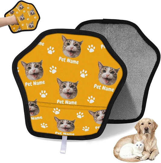 Personalized Pet Hair Remover Glove for Dogs & Cats - Custom Photo & Name Magic Brush for Dog Cat Hair Removal, Reusable Electrostatic Pet Hair Gloves for Furniture Carpet Couch, Face Paw Orange